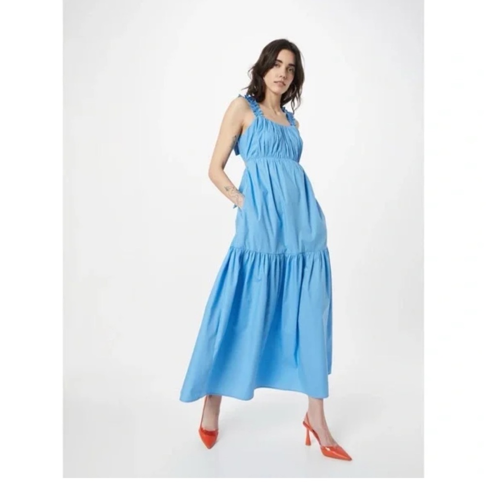 Abercrombie & Fitch Tiered Bow Back Ruffle Poplin Maxi Dress Coastal Blue Small